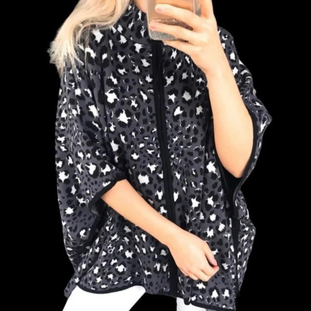 Gray Leopard Cape Poncho Sweater